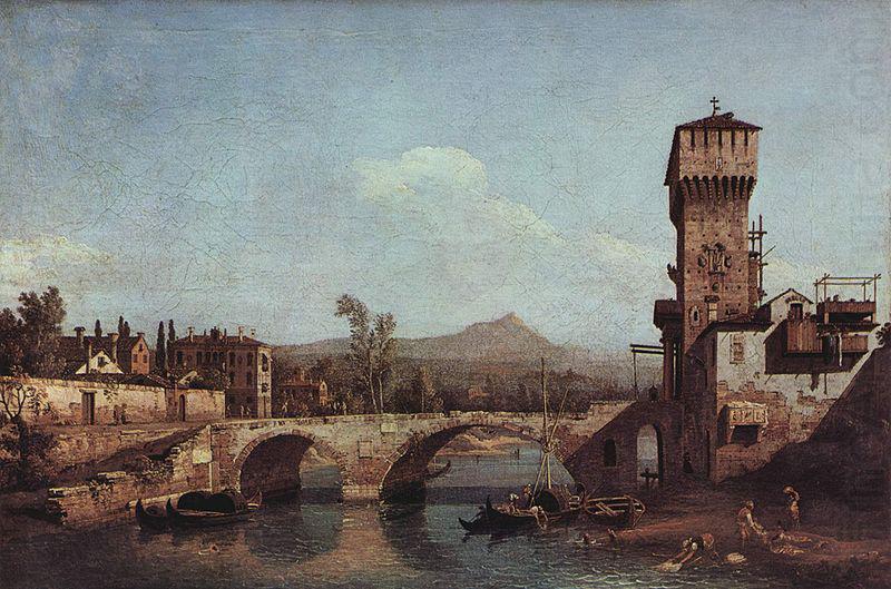 Bernardo Bellotto Capriccio Veneto, Flub, Brucke und mittelalterliches Stadttor china oil painting image